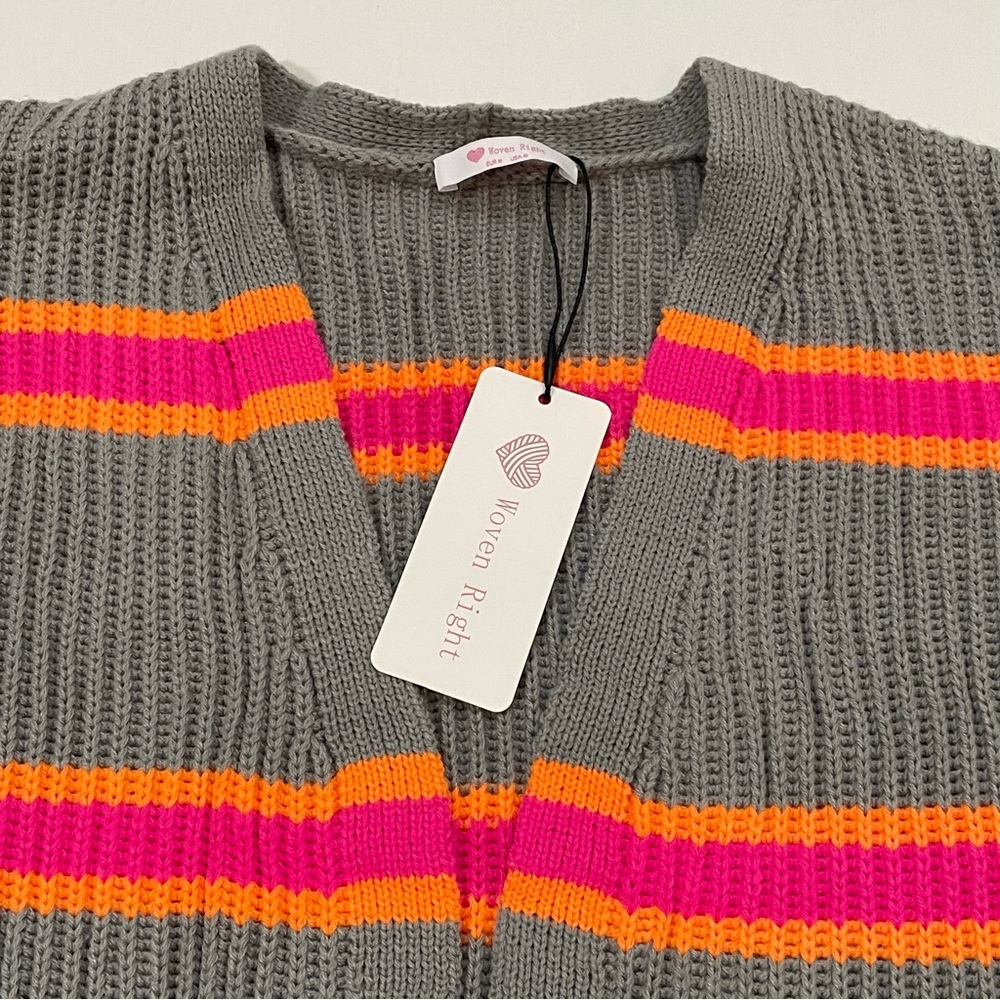 Woven Right Womens Striped Chunky Knit Cardigan Grey Pink Orange Size Medium NWT - Picture 3 of 5